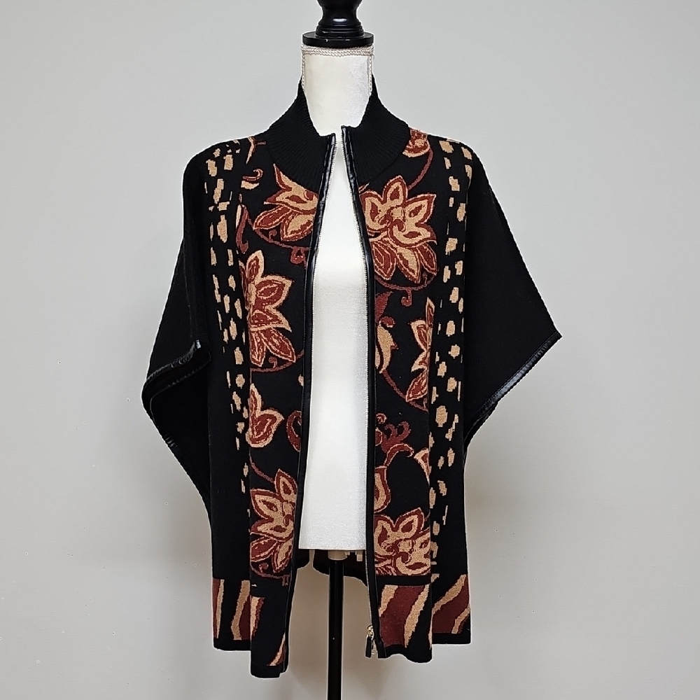 Chicos Floral Black and Brown Women's Sweater Weight Ruana Poncho, 2 Way Zipper